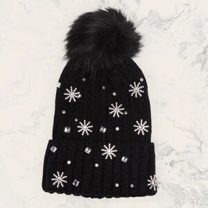 NEW BP Crystal Constellation Beanie with Faux Fur Pom- Black- One Size